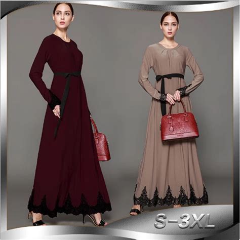 Muslim Lace Maxi Dress Abaya Full Length Long Robe Gowns Sashes Tunic