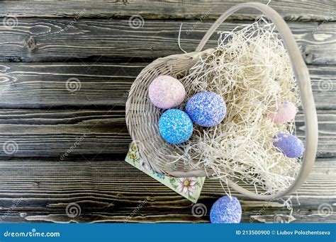Happy Easter Flat Lay Internet Banner Postcard On Easter Stock Photo