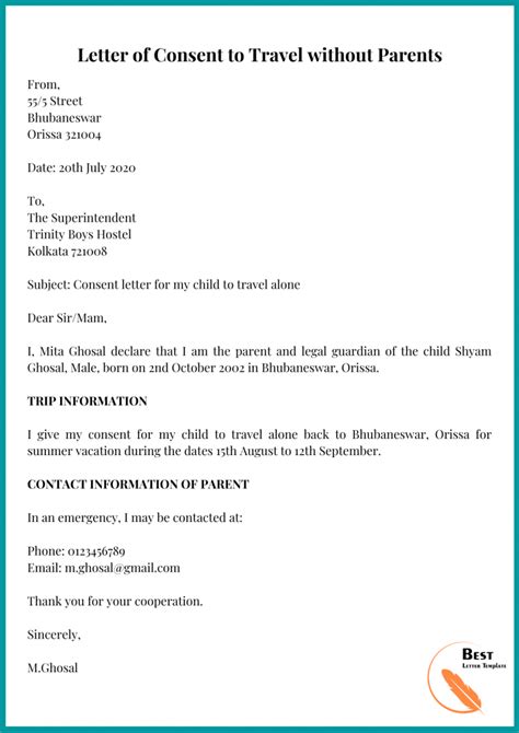 Letter Of Consent To Travel Free Sample With Examples
