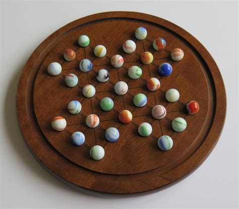 Marble Solitaire Game Hardwood Board With 33 Old Glass Swirl Marbles At