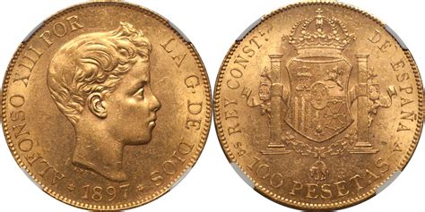 Spain 1897 97 Sgv Alfonso Xiii Gold 100 Pesetas Ngc Ms 62 Rare