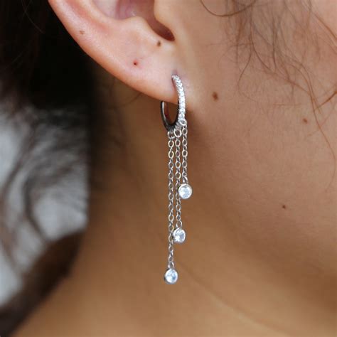 Fine Sterling Silver Round Cz Tassel Long Chain Dangle Earrings