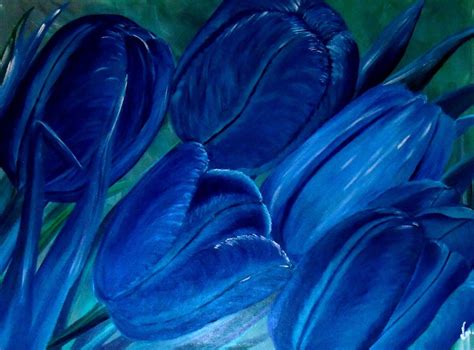 Jedoch stellt sich die frage: Blaue Tulpen - Wandbild, Malerei, Gelb, Tulpen von Karin Haase bei KunstNet