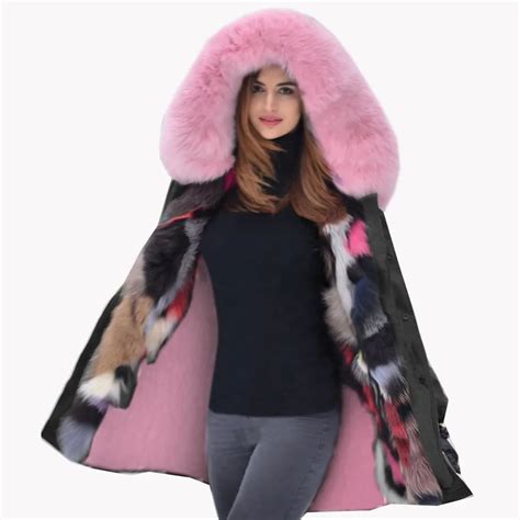 Roiii 2018 Fashion Winter Coat Loose Hooded Pink Faux Fur Thickened