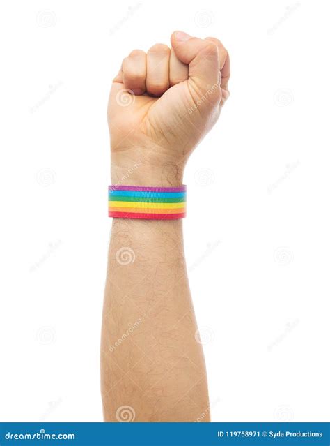 Hand With Gay Pride Rainbow Wristband Shows Fist Stock Image Image Of Gesture Alternative