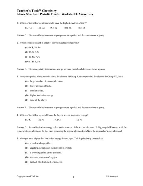 Periodic table quiz questions and answers: Chemistry Periodic Table Trends Worksheet Answer Key - Periodic Table Timeline