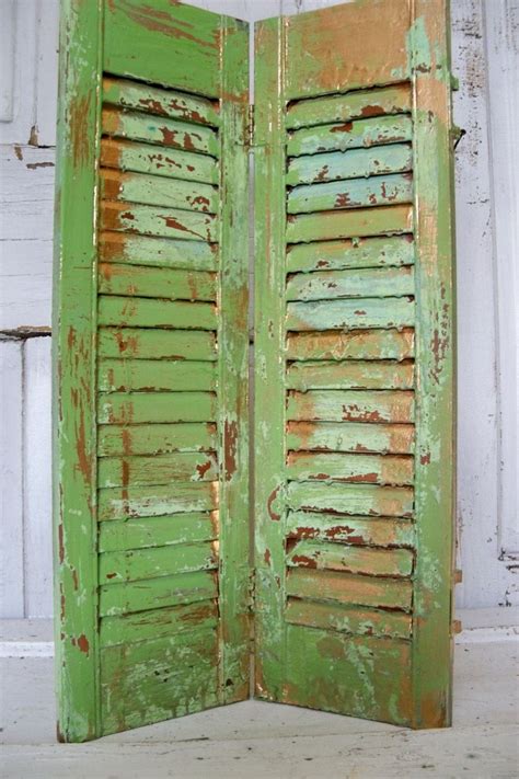 Wooden Shutters Distressed Apple Green Gold Shabby Chic