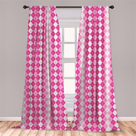 Pink And White Curtains 2 Panels Set Traditional Argyle Design With