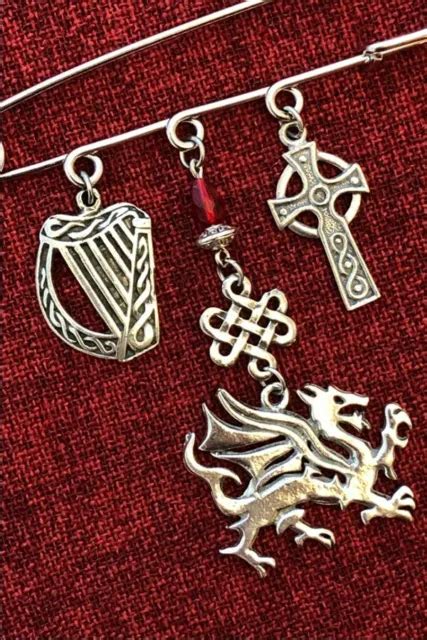 Welsh Dragon Brooch Kilt Pin Harp Celtic Nations Cross Silver Pewter
