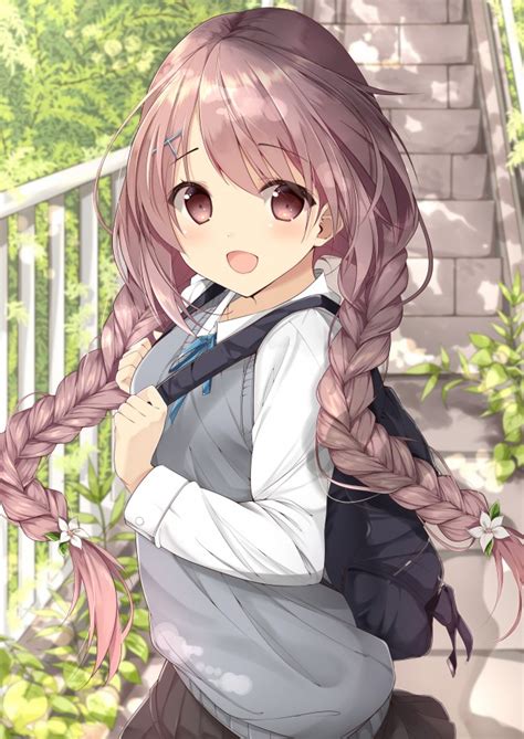Wallpaper Anime Girl Braids Twintails School Uniform