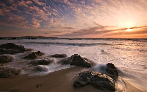 Wallpaper Sunlight Sunset Sea Bay Rock Nature Shore Sand