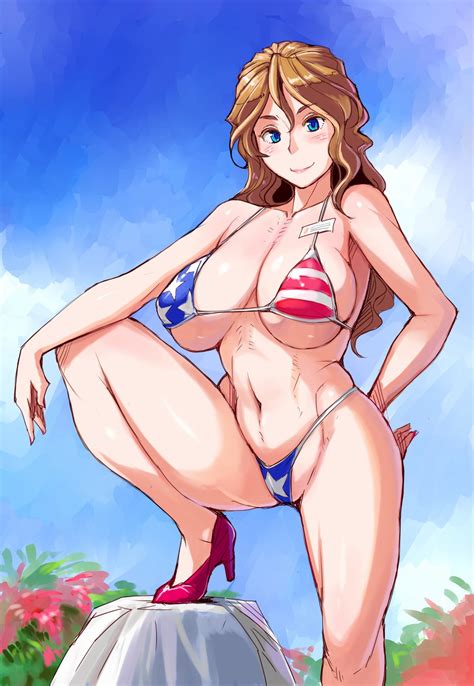 tsuda nanafushi american oppai san original highres 1girl american flag bikini arm behind