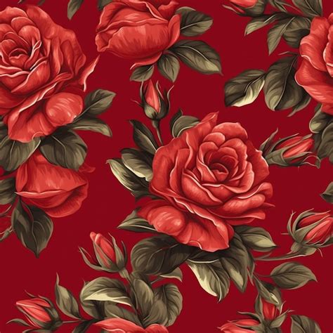 Premium AI Image A Close Up Of A Red Rose Pattern With Green Leaves