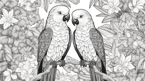 Black And White Illustration Of Two Parrots Perched On A Branch