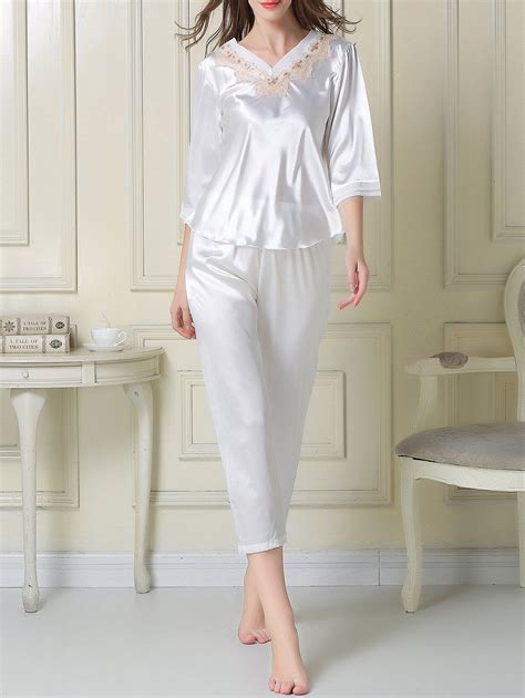 [17 off] 2021 glossy satin capri pajama set in white dresslily
