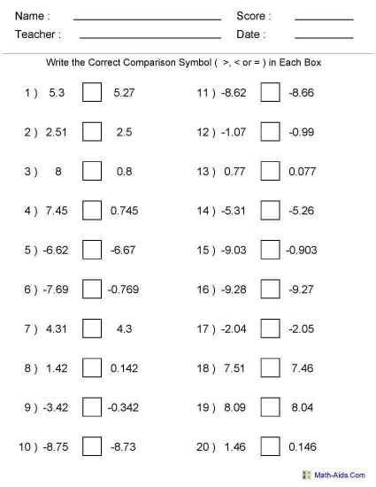 Math Worksheet Grade 5 Decimals