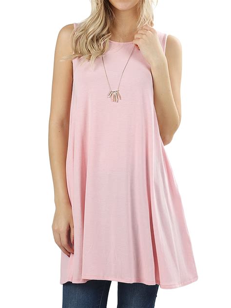 Women Round Neck Sleeveless Flowy Tunic Top With Side Pockets Dusty