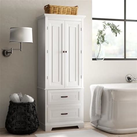 White Finish Linen Tower Bathroom Towel Storage Cabinet Tall Wooden
