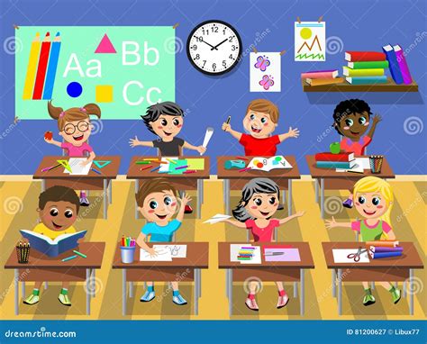 Happy Kids Children Sitting Desk Classroom School Stock Vector