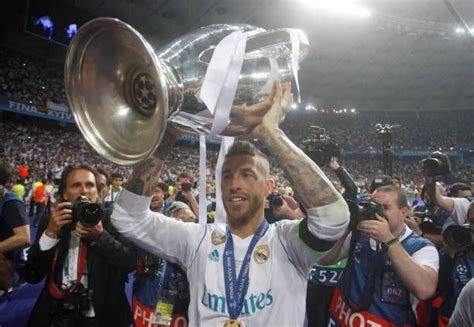 Real Madrids Sergio Ramos Raises The Trophy After Winning The Uefa
