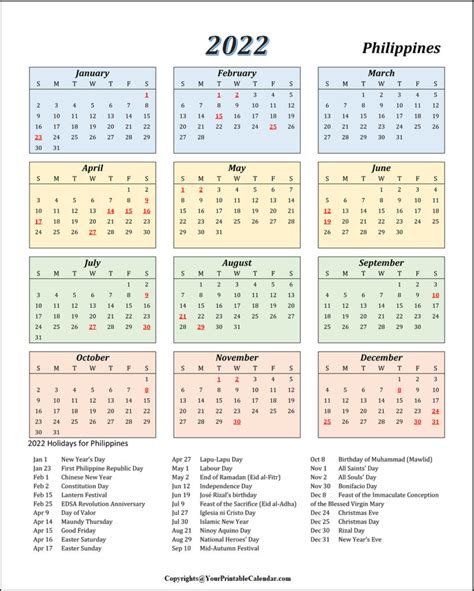 Free Printable Philippines 2022 Calendar With Holidays Pdf