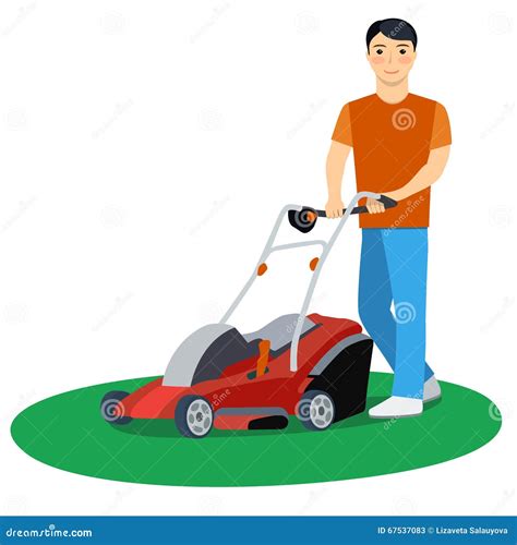 Young Man Cutting Grass With A Push Lawn Mower Cartoon Vector