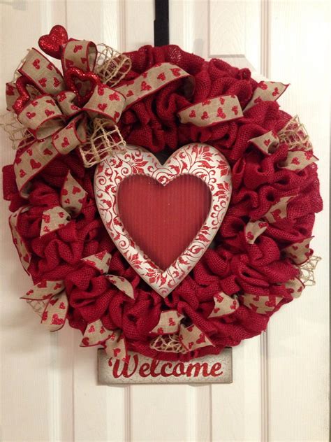 Valentines Day Red Burlap Wreath With Red Glittery Hearts