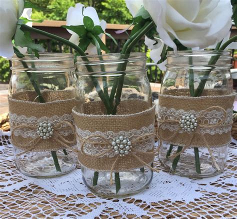 10 Burlap And Lace Mason Jars Quart Wraps Wedding Centerpiece Rustic