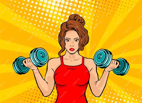 Pop Art Schöne Frau Mit Hanteln Im Fitnessstudio Premium Vektor