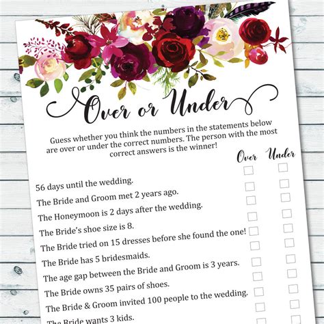 Over Or Under Game Printable Floral Bridal Shower Games