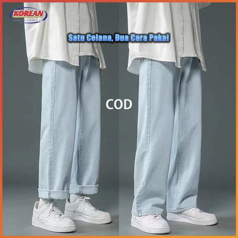 Jual Celana Panjang Pria Celana Jeans Pria Biru Korean Style Kulot Jeans Loose Pants Oversize