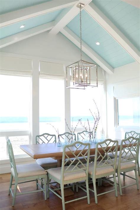 Turquoise Blue Plank Vaulted Ceiling With White Wood Beams Cottage