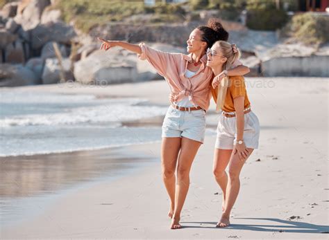 Couple Hug On Beach Lesbian And Happy With Ocean Gay Women Outdoor