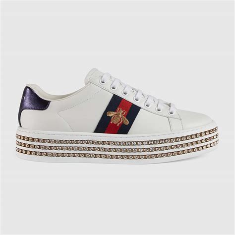 Gucci Women Ace Sneaker With Crystals White Lulux