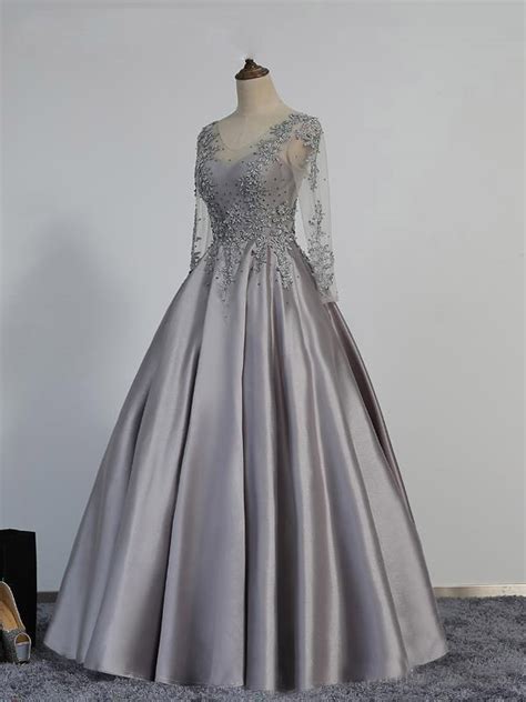 Long Sleeves Lace Ball Gown Silver Prom Evening Dresses 35059 On Storenvy