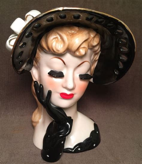Beautiful Vintage Napco Ceramic Lady Head Vase Black Hat Polka For