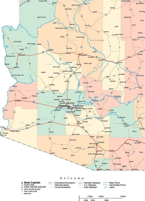 Arizona Digital Vector Map With Counties Major Cities