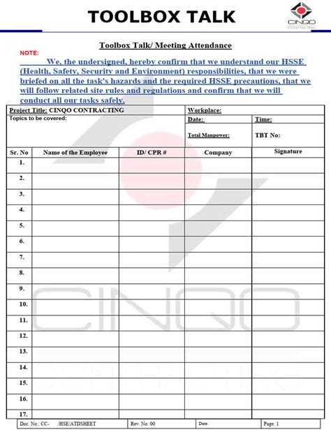 Toolbox Talk Attendance Sheet Pdf