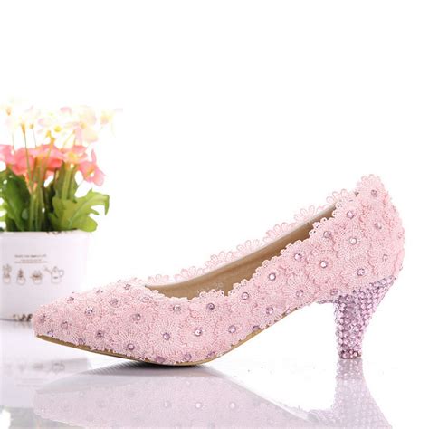 Elegant Pink Lace Bride Shoes Lace Wedding Shoes Low Heel Pumps Sweet