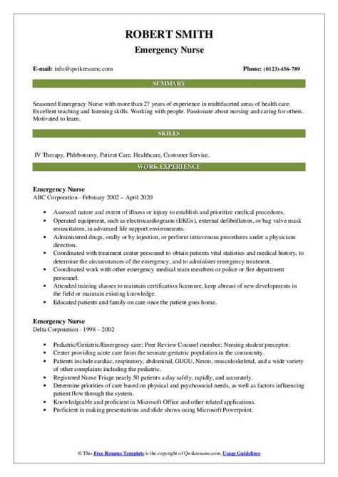 Emergency management role is responsible for training, planning, analytical, business, education experience for emergency management analyst resume. Emergency Nurse Resume Samples | QwikResume