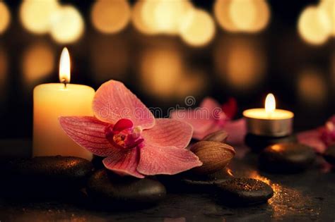 massage stones orchid flower and burning candles on dark bokeh background at spa and wellness
