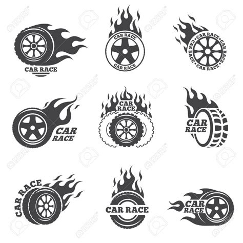 Car Race Logo Set Wheel With Fire Flame Sport Speed Tyre Blaze