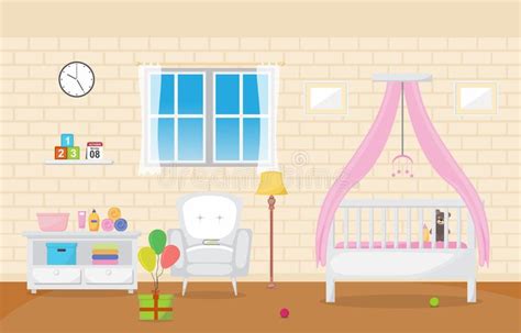 Baby Toddler Children Bedroom Interior Room Furniture Flat Design Stock