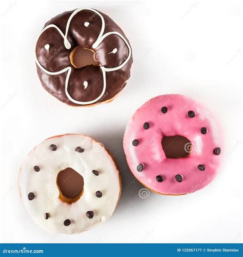 Colorful Glazed Donuts Top View Over White Background Stock Image