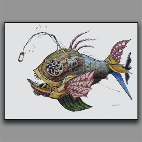 Original Painting Steampunk Mechanical Fish Colorful Pencil Drawing Of