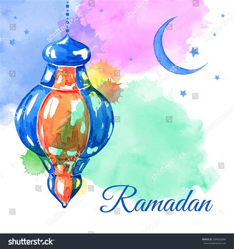 Ramadan Kareem Arabic Lanterns Bright Watercolor Stains Background