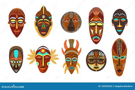 Flat Set Of Colorful African Ethnic Tribal Ritual Masks Of Different