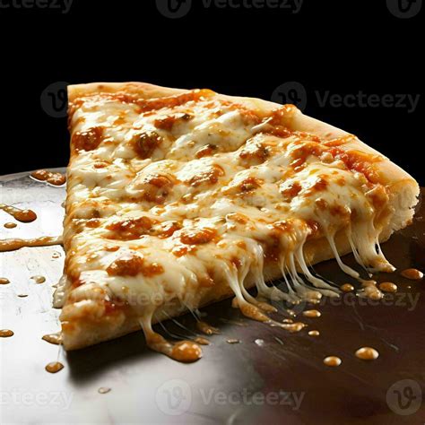 Closeup Of A Slice Of Cheese Pizza With Dripping Melt Mozzarella On Dark Background Ai