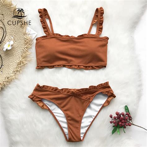Cupshe Sweet Caramel Ruffles Bikini Sets Women Brown Tube Solid Two