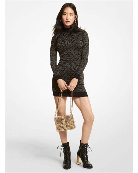 Michael Kors Synthetic Metallic Logo Jacquard Mock Neck Dress In Black